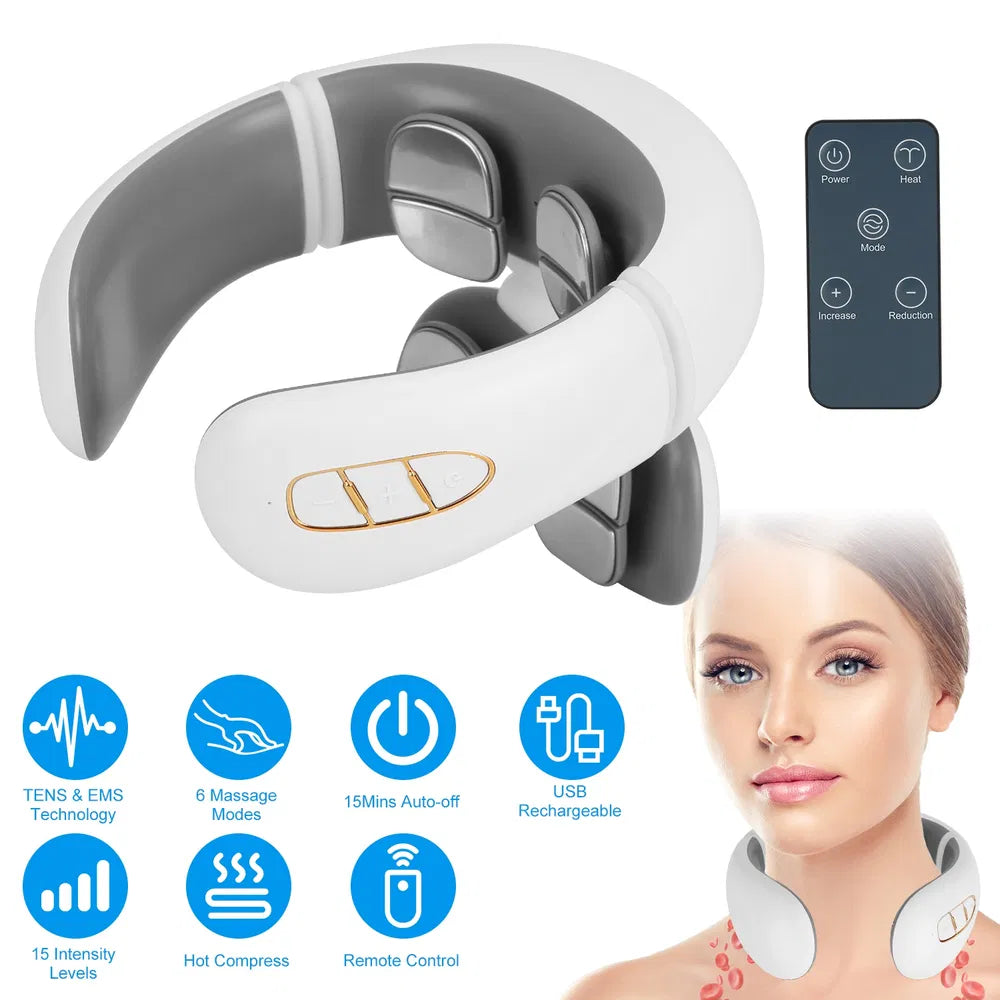 Luxury EMS Cervical Neck Massager with Heat — 8 Heads, 6 Modes, Remote Control & Voice Prompt