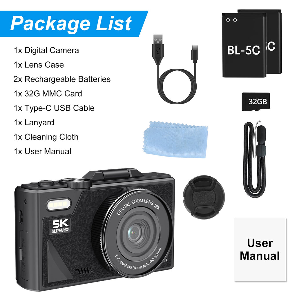 5K WiFi Vlogging Camera with Flip Screen, Fill Light & 2 Batteries
