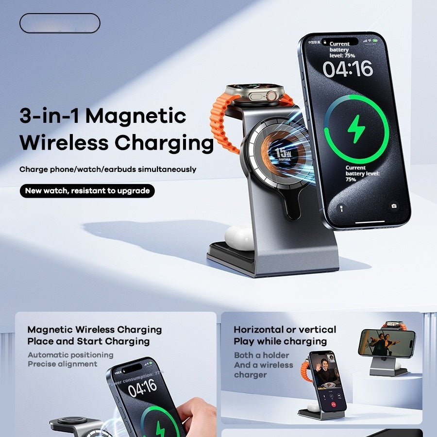 "3-in-1 magnetic wireless charger aluminum alloy desktop charging station"
"MagSafe compatible wireless charger for iPhone Apple Watch AirPods"
"Premium aluminum 3-in-1 charging stand with magnetic alignment"