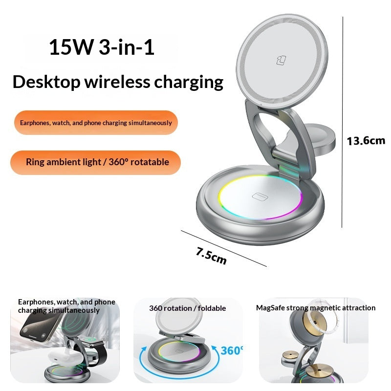 3-in-1 15W Magnetic Wireless Charger with Retractable Cord — iPhone, Apple Watch & AirPods