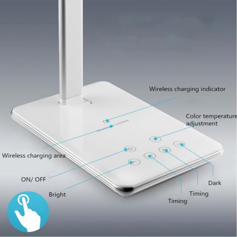 2-in-1 LED Desk Lamp & Wireless Charger | Foldable Touch Dimmer Bedside Light