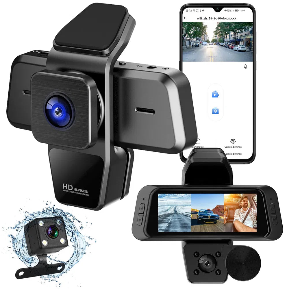 3-Channel WiFi Dash Cam — 1080P Full HD, 170° Wide Angle, IR Night Vision, App Control, 128GB Max