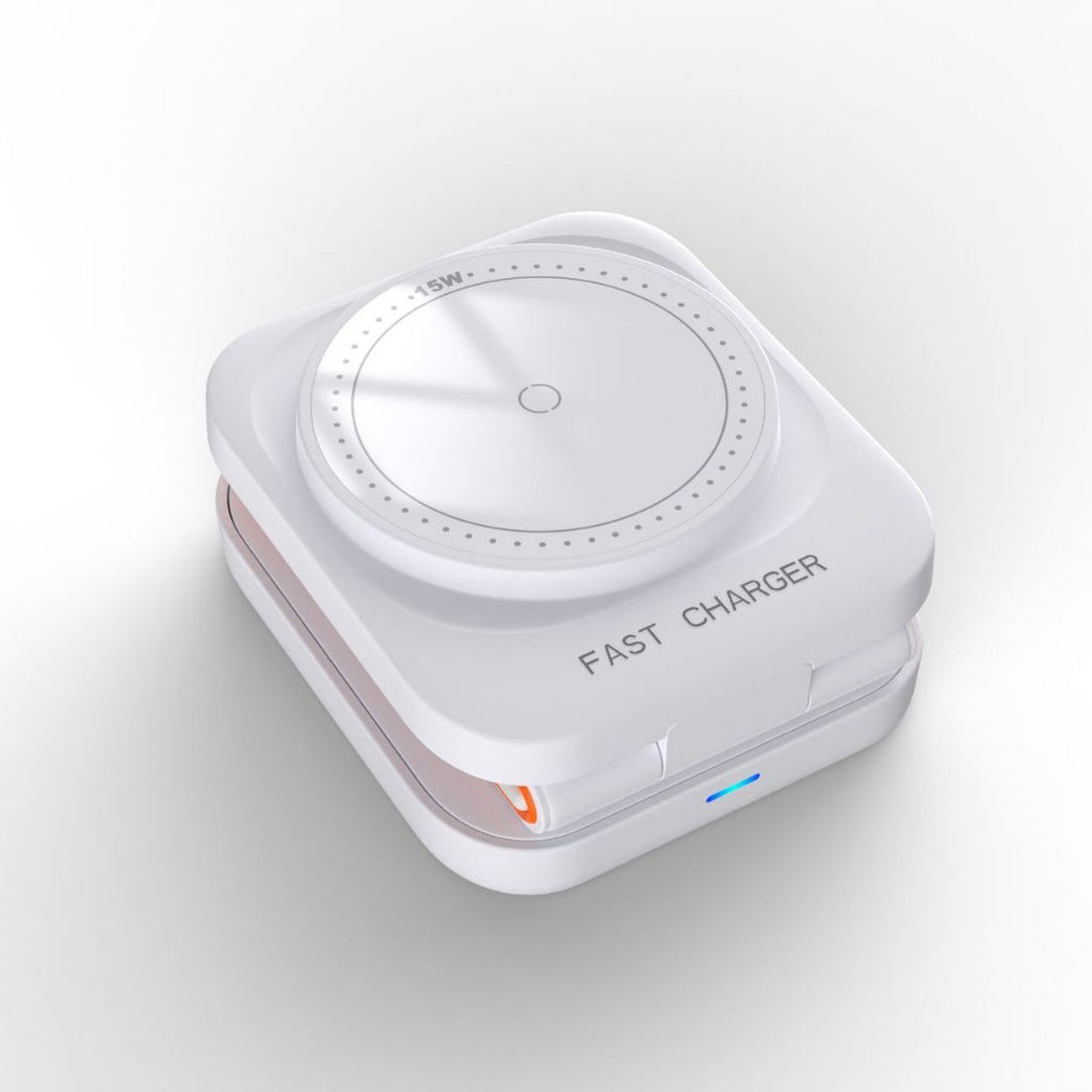 Image 1: "Foldable 3-in-1 wireless charger stand for iPhone Apple Watch AirPods"
Image 2: "Portable wireless charging station folded flat for travel"
Image 3: "Foldable wireless charger in stand mode charging multiple devices"
Image 4: "Compact 3-in-1 charger with adjustable viewing angle"
Image 5: "Travel-friendly foldable wireless charging station unfolded"
Image 6: "Portable 3-in-1 wireless charger showing folding mechanism"