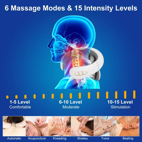 Luxury EMS Cervical Neck Massager with Heat — 8 Heads, 6 Modes, Remote Control & Voice Prompt