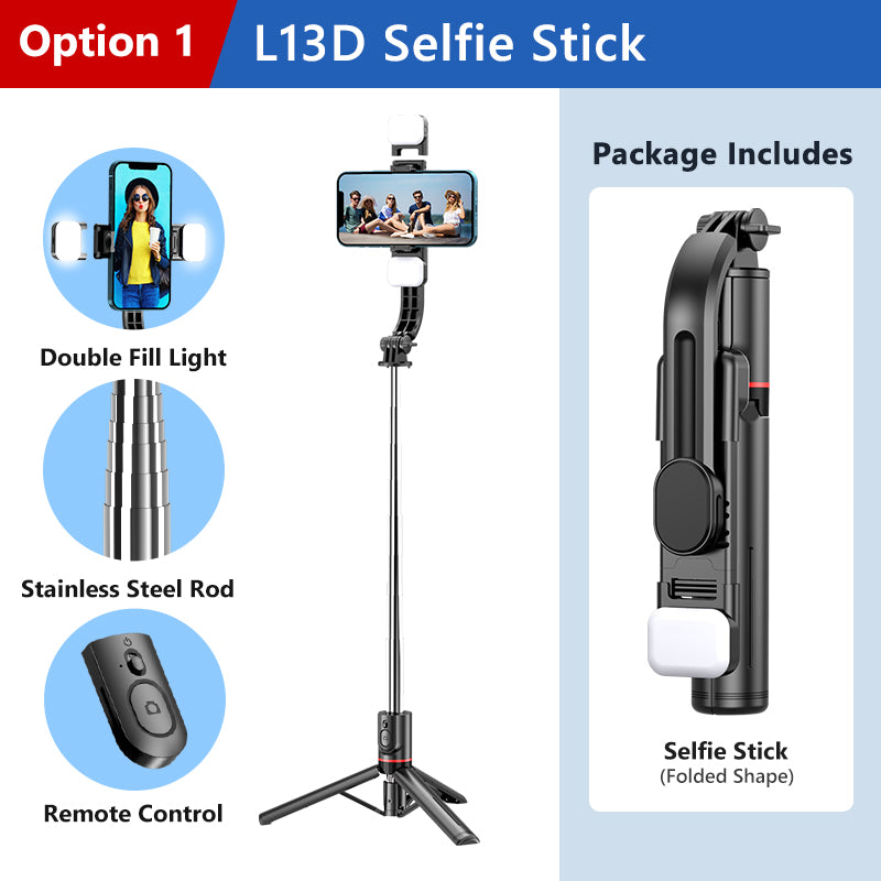 "3-in-1 Bluetooth selfie stick tripod with LED ring light"
"Selfie stick tripod extended with phone holder"
"LED light selfie stick for photography"
"Bluetooth remote control selfie stick tripod"
"Portable selfie stick with adjustable LED lights"
