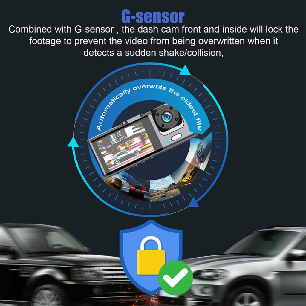 Triple Lens Dash Cam 1080P HD | Front, Rear & Interior Recording + G-Sensor