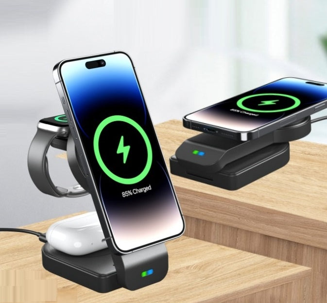Foldable 3-in-1 Magnetic Wireless Charger Stand — iPhone, Apple Watch & AirPods