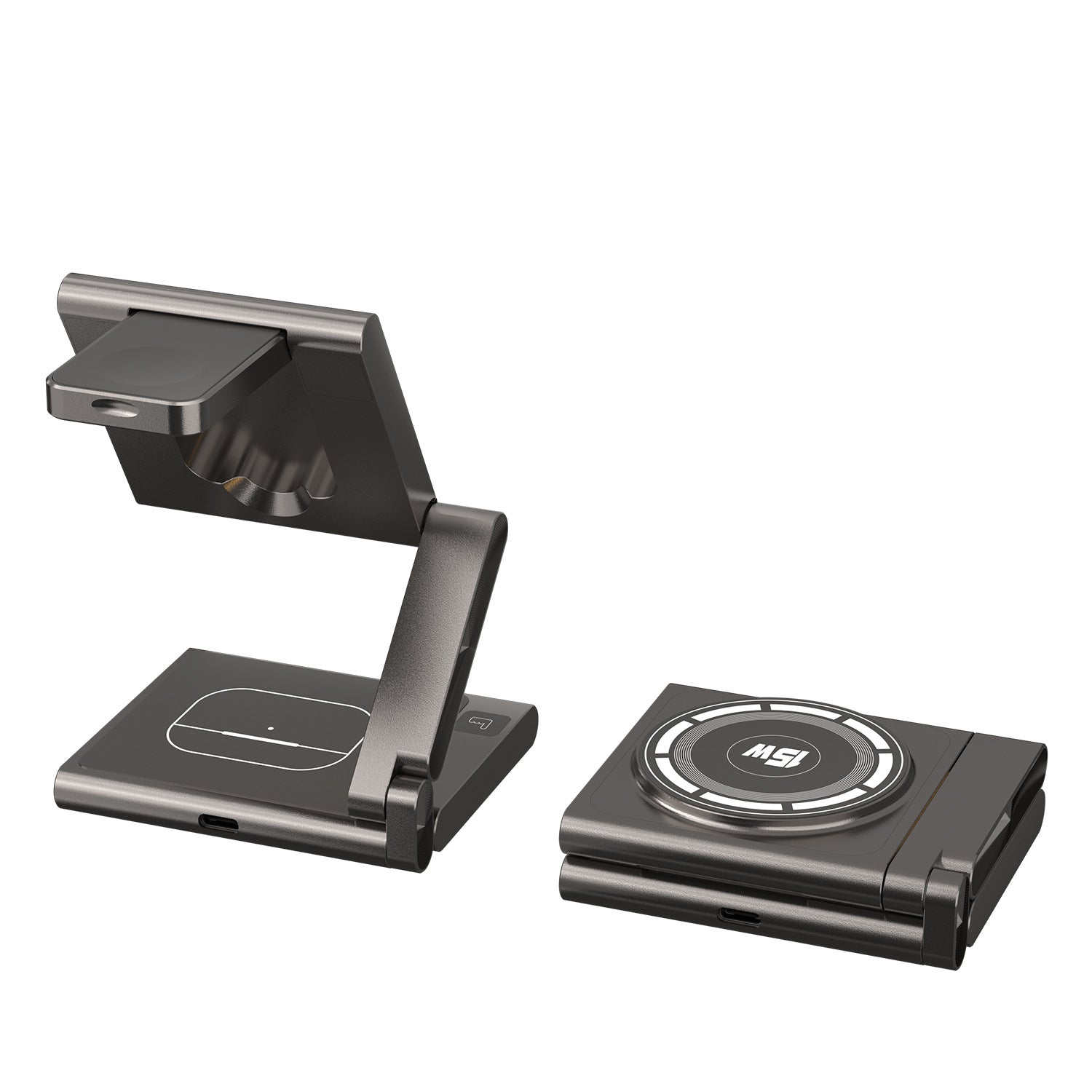 "Folding 3-in-1 wireless charger for iPhone AirPods Apple Watch"
Image 2: "Portable wireless charger folded flat for travel and storage"
Image 3: "Folding wireless charging station in stand mode charging devices"
Image 4: "3-in-1 wireless charger with adjustable viewing angles"
Image 5: "Compact folding charger charging iPhone Apple Watch AirPods simultaneously"
Image 6: "Travel-friendly wireless charger showing folding mechanism"
Image 7: "Portable 3-in-1 charging station unfolded on desk"
Image 8: "Foldin