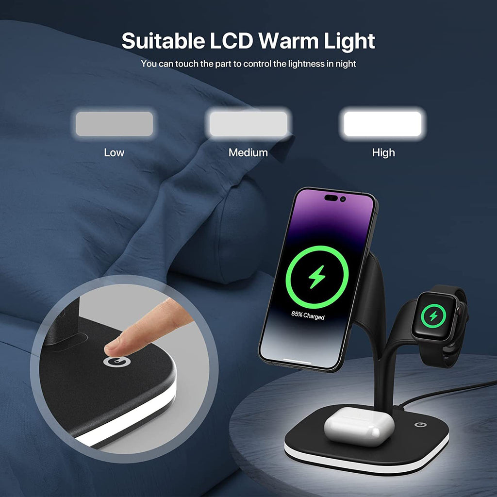 Image 1: "Magnetic 3-in-1 wireless charger for iPhone AirPods Apple Watch"
Image 2: "3-in-1 charging station with MagSafe compatibility for Apple devices"
Image 3: "Wireless charger charging iPhone Apple Watch and AirPods simultaneously"
Image 4: "Magnetic wireless charging station with compact design"
Image 5: "3-in-1 charger showing iPhone magnetic alignment and Apple Watch stand"
Image 6: "MagSafe compatible wireless charger with LED indicators"
Image 7: "Compact 3-in-1 wireless charging station on desk"
