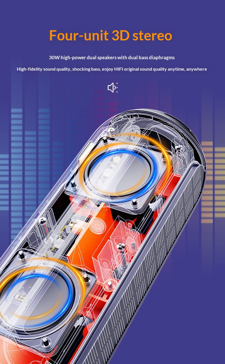 Outdoor Waterproof Bluetooth Speaker — 30W HIFI Sound, BT 5.1, RGB Lights & Solar Charging Option