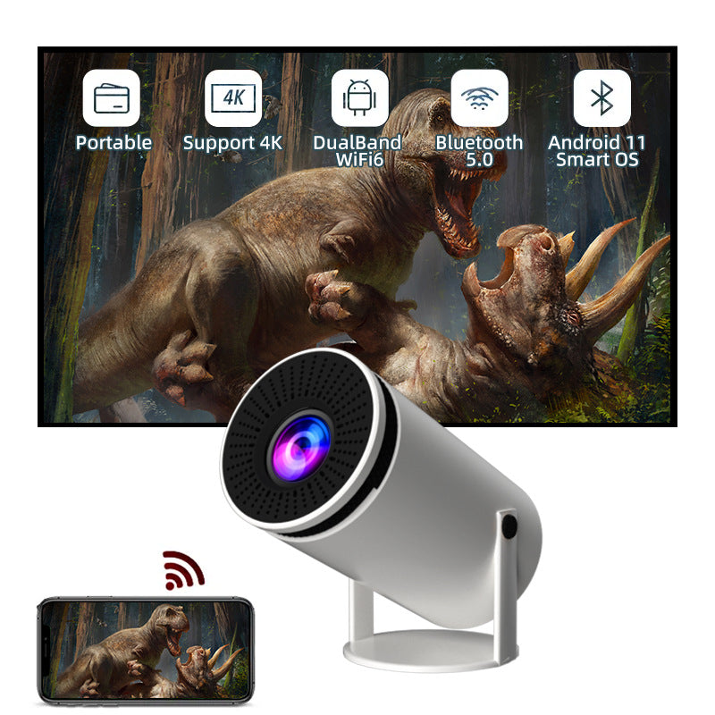 "HY300 mini smart projector portable home theater"
"Compact HD projector displaying movie on wall"
"Portable mini projector with remote control"
"Smart projector showing clear HD image quality"
"Mini projector setup in home theater"