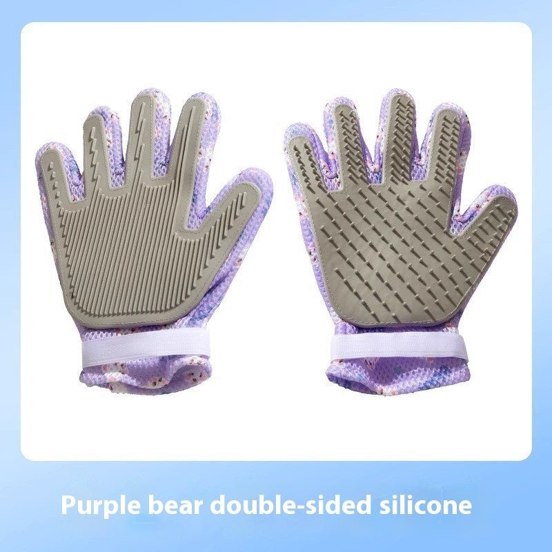 "Double-sided pet grooming gloves for dogs and cats"
"Pet grooming glove removing loose fur from dog"
"Silicone pet bath gloves with massage nodules"
"Person using pet grooming gloves on cat"
"Pet grooming gloves showing both sides"