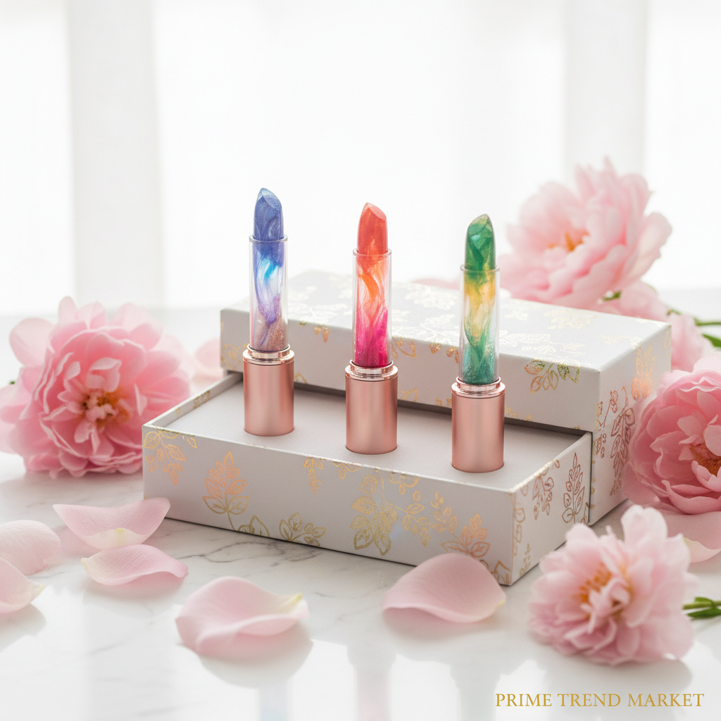 3 lipstick tubes in gift box on marble with pink rose petals
