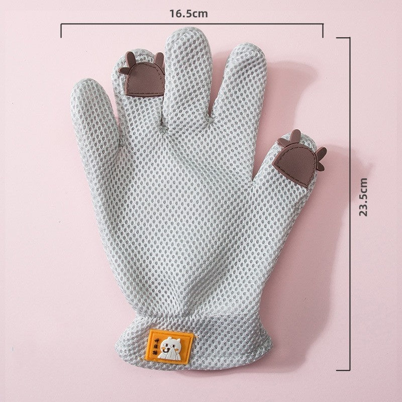 "Double-sided pet grooming gloves for dogs and cats"
"Pet grooming glove removing loose fur from dog"
"Silicone pet bath gloves with massage nodules"
"Person using pet grooming gloves on cat"
"Pet grooming gloves showing both sides"
