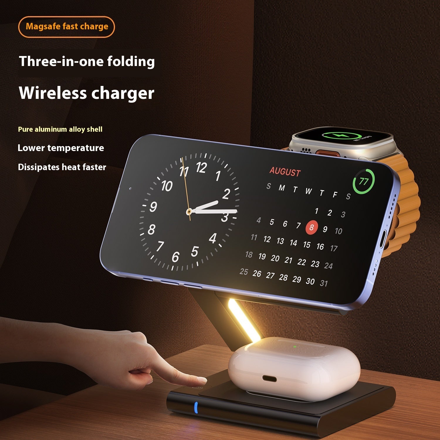 "Folding 3-in-1 wireless charger for iPhone AirPods Apple Watch"
Image 2: "Portable wireless charger folded flat for travel and storage"
Image 3: "Folding wireless charging station in stand mode charging devices"
Image 4: "3-in-1 wireless charger with adjustable viewing angles"
Image 5: "Compact folding charger charging iPhone Apple Watch AirPods simultaneously"
Image 6: "Travel-friendly wireless charger showing folding mechanism"
Image 7: "Portable 3-in-1 charging station unfolded on desk"
Image 8: "Foldin