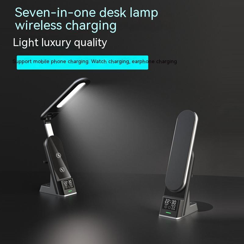 Image 1: "LED desk lamp with wireless charger multifunctional charging light"
Image 2: "Adjustable desk lamp with built-in wireless phone charging base"
Image 3: "LED desk light with flexible gooseneck and wireless charger"
Image 4: "Desk lamp charging phone wirelessly with adjustable brightness"
Image 5: "Multifunctional LED lamp with wireless charging and USB port"
Image 6: "Touch control desk lamp with wireless phone charger base"
Image 7: "Eye-caring LED desk lamp with integrated wireless charging"