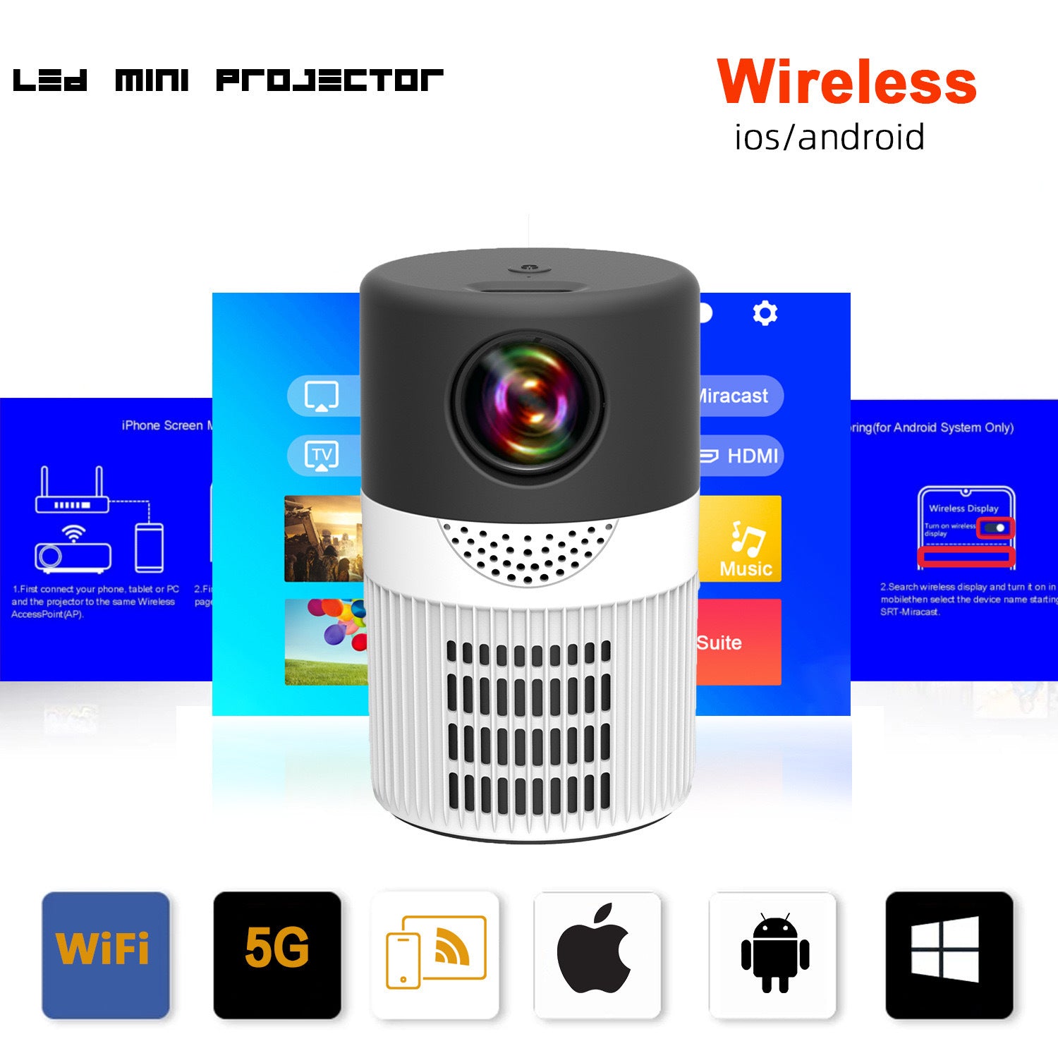 JHT400 Smart Mini Projector — WiFi Wireless, 30,000Hr LED, HDMI, Home & Travel