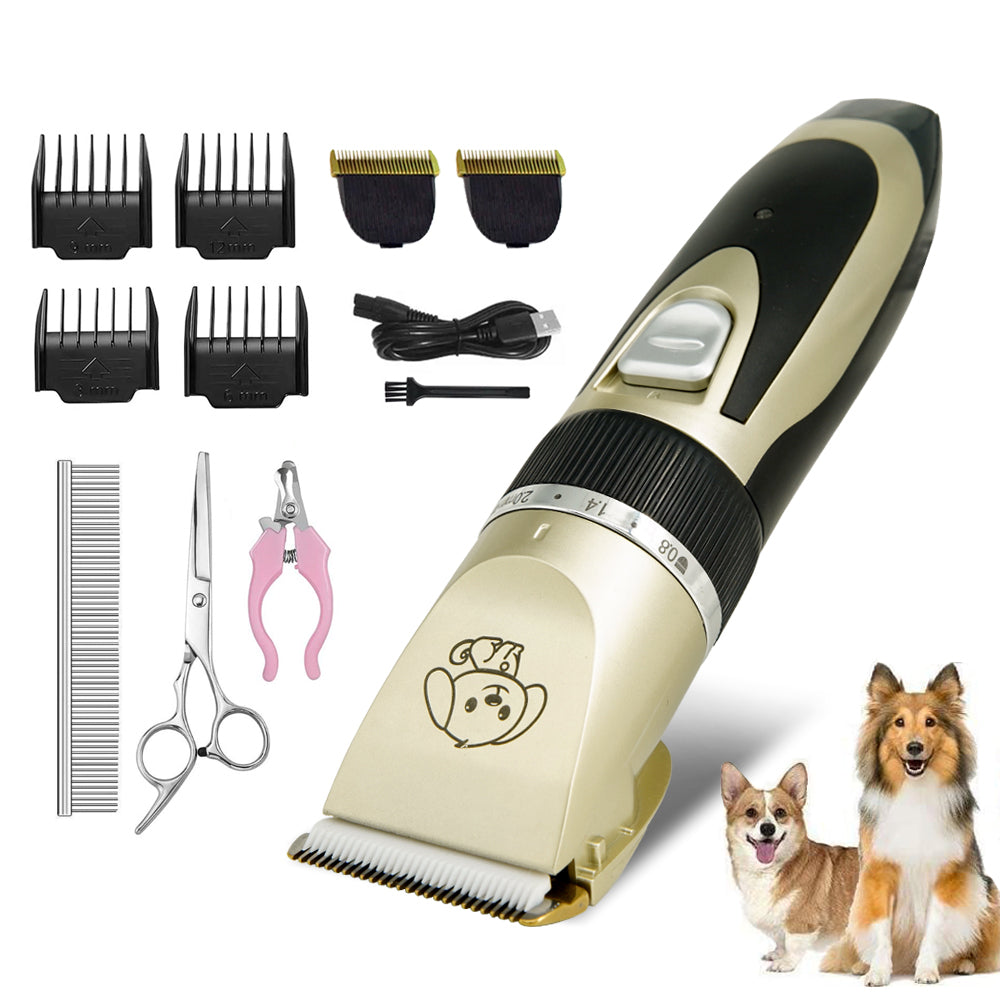 Image 1: "Professional pet hair trimmer rechargeable grooming clippers for dogs and cats"
Image 2: "Cordless pet grooming clippers with guide combs and accessories"
Image 3: "Quiet low vibration pet hair trimmer with stainless steel blades"
Image 4: "Professional dog clippers trimming pet fur"
Image 5: "Rechargeable pet grooming kit with multiple guide combs"
Image 6: "Pet hair trimmer with USB charging cable and cleaning brush"
Image 7: "Professional grooming clippers for cats and dogs all breeds"
Image 8: