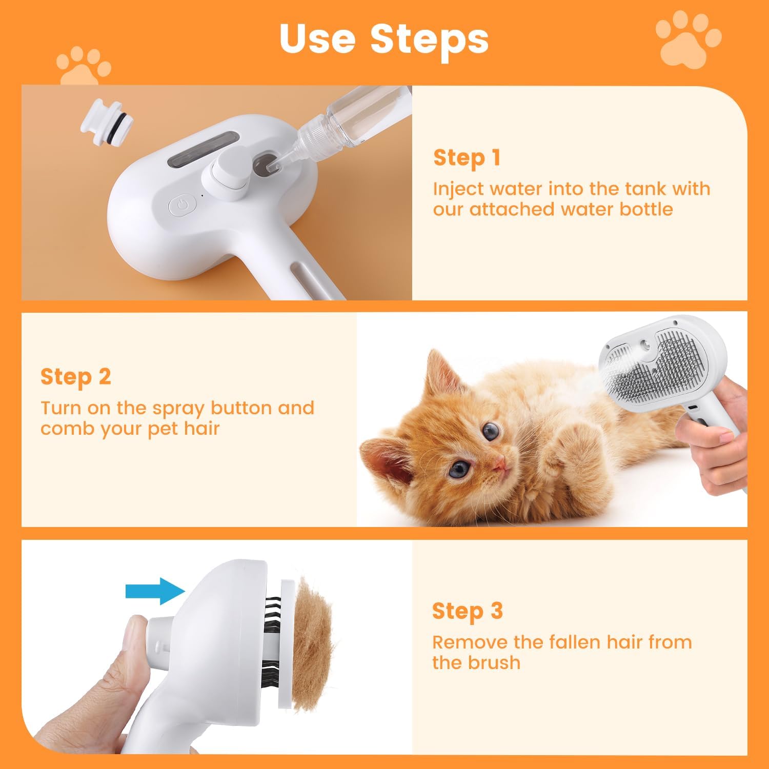 Image 1: "3-in-1 pet steam brush with water spray for cats and dogs"
Image 2: "Pet grooming brush with water mist spray and release button"
Image 3: "Steam brush grooming cat with water spray technology"
Image 4: "Self-cleaning pet brush with spray for long and short hair"
Image 5: "Water spray grooming comb removing pet hair and shedding"
Image 6: "3-in-1 steam brush with refillable water tank for pets"
Image 7: "Pet steam brush showing one-click release button feature"
Image 8: "Grooming brush with water 