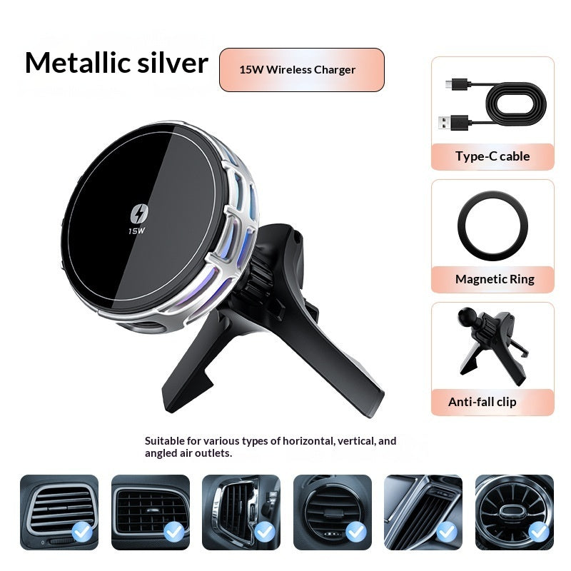 "15W fast wireless charging car mount with mirror finish"
"Magnetic car phone holder with wireless charging"
"Car mount wireless charger attached to dashboard"
"Phone charging on magnetic car mount holder"
"Mirror finish wireless charging car mount close-up"