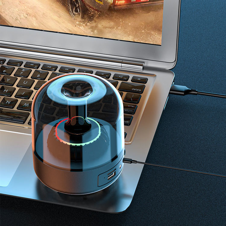 Blue Glass Mini Desktop Speaker — Bluetooth, FM Radio, TF Card, 6H Battery, Black & White