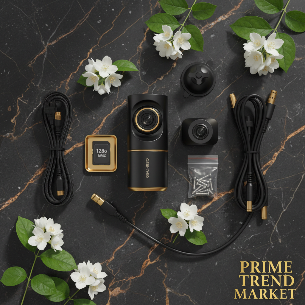 4-Channel 360° Premium Dash Cam - Full Kit Flat Lay 128G