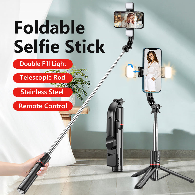 "3-in-1 Bluetooth selfie stick tripod with LED lights"
"Selfie stick with built-in LED ring lights"
"Extendable selfie stick tripod for smartphones"
"Bluetooth remote selfie stick with tripod base"
"Selfie stick with dual LED lights for photography"
"Portable selfie stick tripod with wireless remote"
