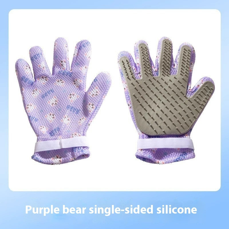 "Double-sided pet grooming gloves for dogs and cats"
"Pet grooming glove removing loose fur from dog"
"Silicone pet bath gloves with massage nodules"
"Person using pet grooming gloves on cat"
"Pet grooming gloves showing both sides"