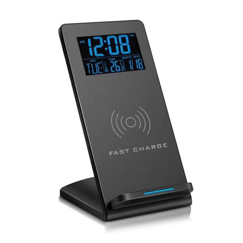 5-in-1 Bedside Alarm Clock — Wireless Charger, Phone Holder, Temp & Calendar