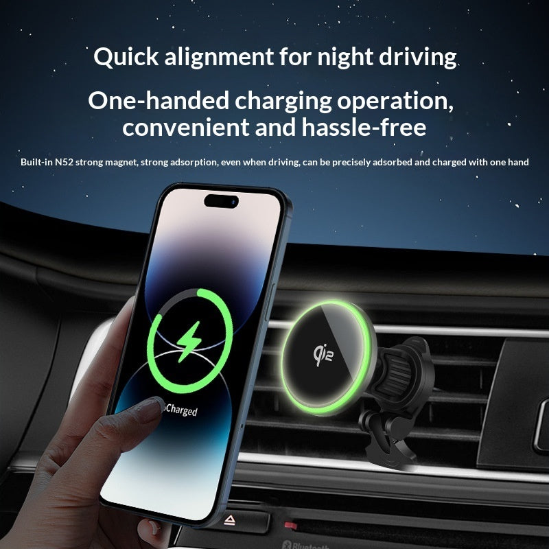 Image 1: "Qi2.0 magnetic car wireless charger with 15W fast charging"
Image 2: "Magnetic car phone mount with wireless charging on dashboard"
Image 3: "Car wireless charger with 360-degree rotation and MagSafe compatibility"
Image 4: "Qi2.0 car charger mounted on air vent with phone charging"
Image 5: "Magnetic car phone holder with wireless charging indicator light"