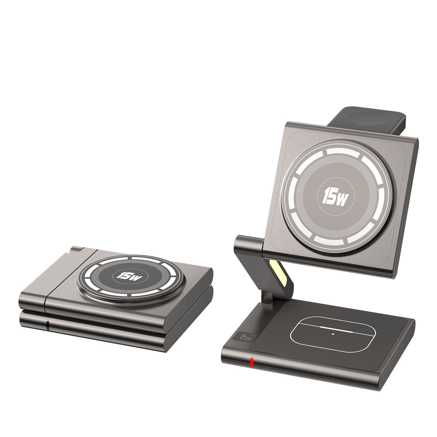 "Folding 3-in-1 wireless charger for iPhone AirPods Apple Watch"
Image 2: "Portable wireless charger folded flat for travel and storage"
Image 3: "Folding wireless charging station in stand mode charging devices"
Image 4: "3-in-1 wireless charger with adjustable viewing angles"
Image 5: "Compact folding charger charging iPhone Apple Watch AirPods simultaneously"
Image 6: "Travel-friendly wireless charger showing folding mechanism"
Image 7: "Portable 3-in-1 charging station unfolded on desk"
Image 8: "Foldin