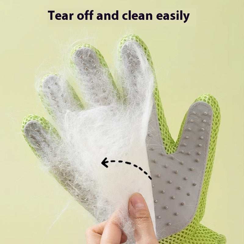 "Double-sided pet grooming gloves for dogs and cats"
"Pet grooming glove removing loose fur from dog"
"Silicone pet bath gloves with massage nodules"
"Person using pet grooming gloves on cat"
"Pet grooming gloves showing both sides"