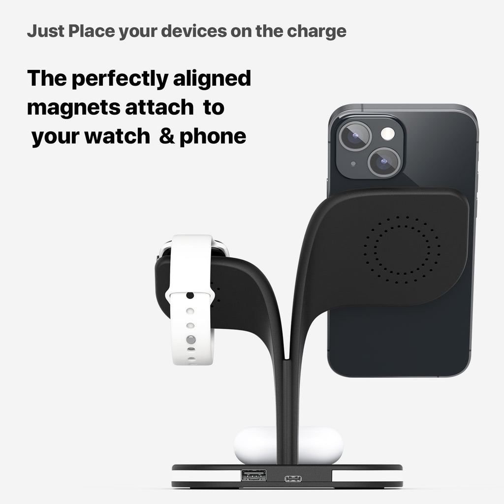 Image 1: "Magnetic 3-in-1 wireless charger for iPhone AirPods Apple Watch"
Image 2: "3-in-1 charging station with MagSafe compatibility for Apple devices"
Image 3: "Wireless charger charging iPhone Apple Watch and AirPods simultaneously"
Image 4: "Magnetic wireless charging station with compact design"
Image 5: "3-in-1 charger showing iPhone magnetic alignment and Apple Watch stand"
Image 6: "MagSafe compatible wireless charger with LED indicators"
Image 7: "Compact 3-in-1 wireless charging station on desk"