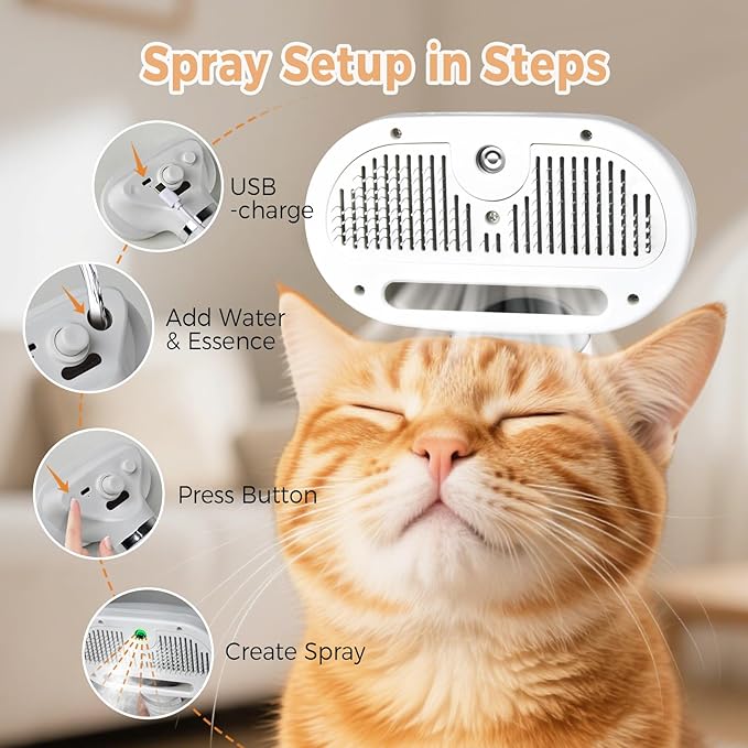 Image 1: "3-in-1 pet steam brush with water spray for cats and dogs"
Image 2: "Pet grooming brush with water mist spray and release button"
Image 3: "Steam brush grooming cat with water spray technology"
Image 4: "Self-cleaning pet brush with spray for long and short hair"
Image 5: "Water spray grooming comb removing pet hair and shedding"
Image 6: "3-in-1 steam brush with refillable water tank for pets"
Image 7: "Pet steam brush showing one-click release button feature"
Image 8: "Grooming brush with water 