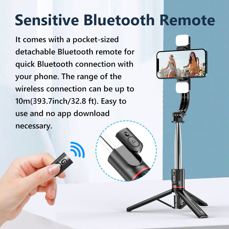 "3-in-1 Bluetooth selfie stick tripod with LED ring light"
"Selfie stick tripod extended with phone holder"
"LED light selfie stick for photography"
"Bluetooth remote control selfie stick tripod"
"Portable selfie stick with adjustable LED lights"