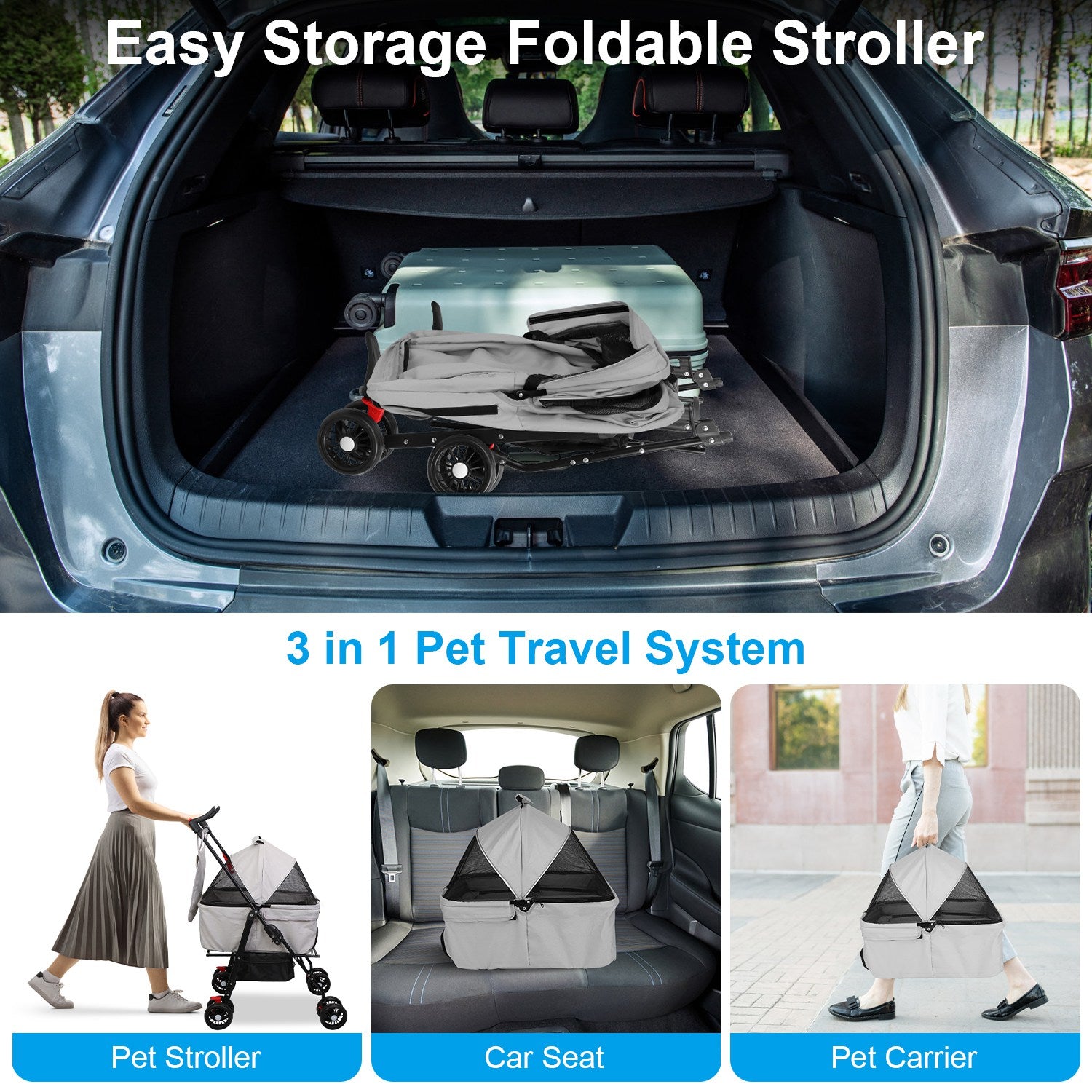 Premium 4-Wheel Foldable Pet Stroller — Travel Jogger with Removable Carrier & Storage