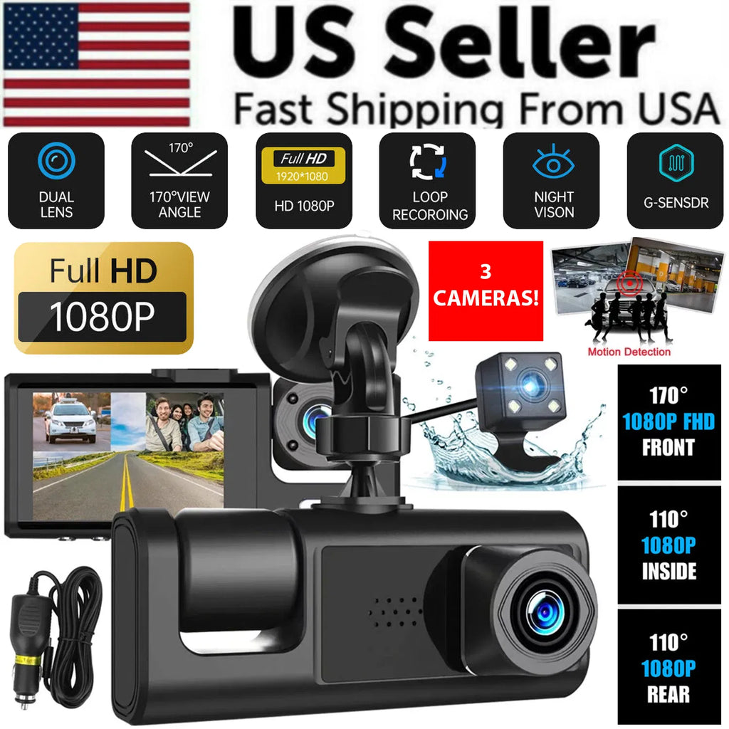 Triple Lens Dash Cam 1080P HD | Front, Rear & Interior Recording + G-Sensor