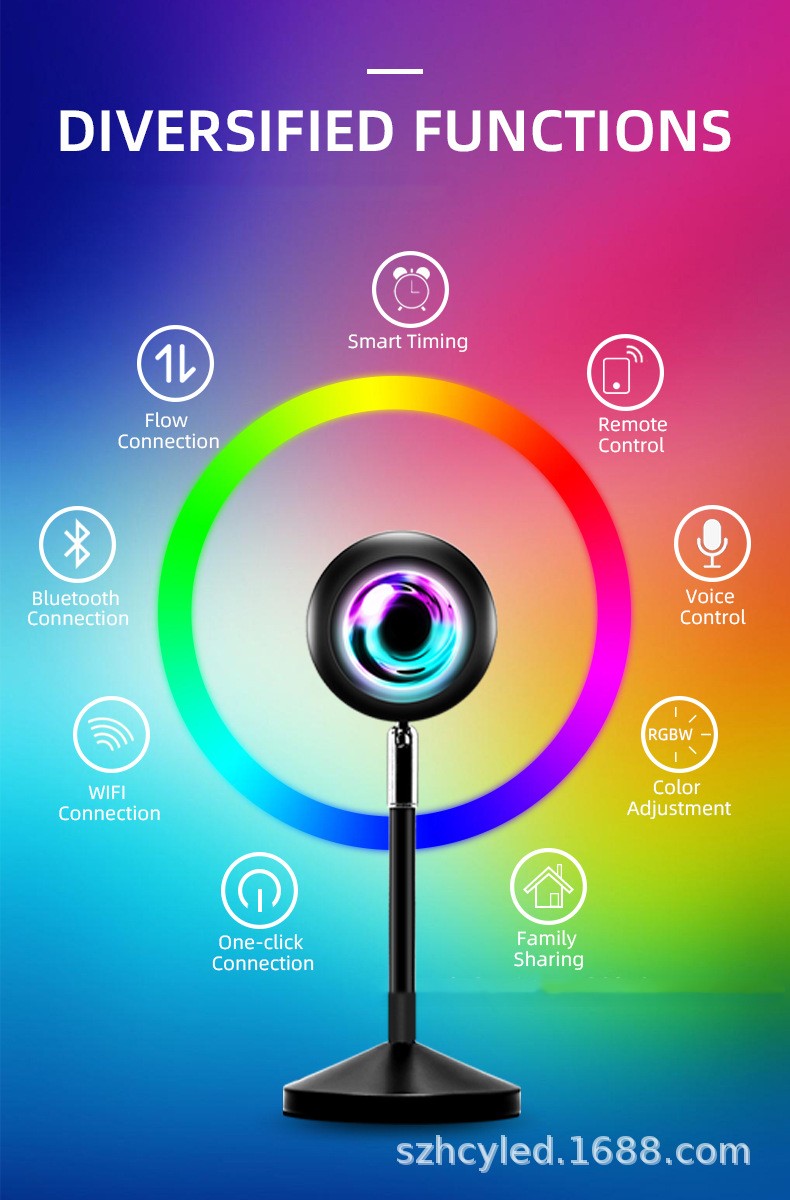"Smart sunset projection lamp with voice control"
"Sunset light projecting rainbow colors on wall"
"Voice control smart sunset projection lamp"
"Graffiti sunset light creating ambient room lighting"
"180-degree rotatable sunset projection lamp"
