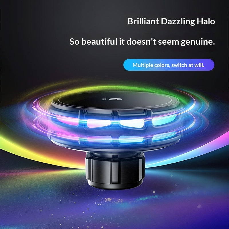 "15W fast wireless charging car mount with mirror finish"
"Magnetic car phone holder with wireless charging"
"Car mount wireless charger attached to dashboard"
"Phone charging on magnetic car mount holder"
"Mirror finish wireless charging car mount close-up"