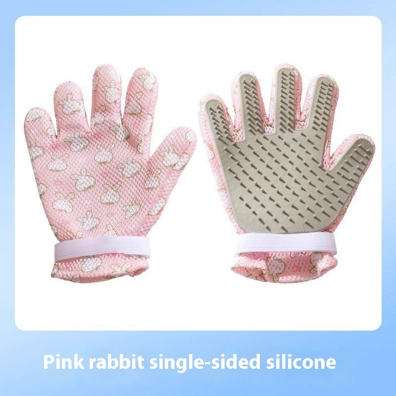 "Double-sided pet grooming gloves for dogs and cats"
"Pet grooming glove removing loose fur from dog"
"Silicone pet bath gloves with massage nodules"
"Person using pet grooming gloves on cat"
"Pet grooming gloves showing both sides"
