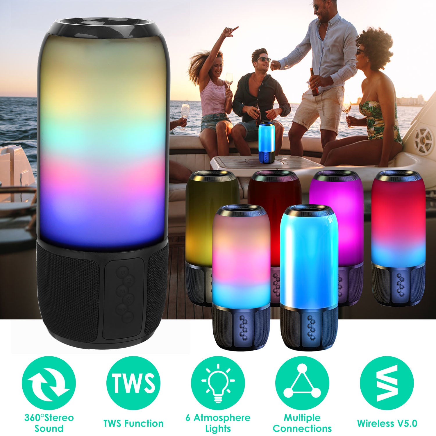 RGB Party Speaker — 6 Color Light Show, TWS Stereo, 10H Battery & Multi-Mode Playback