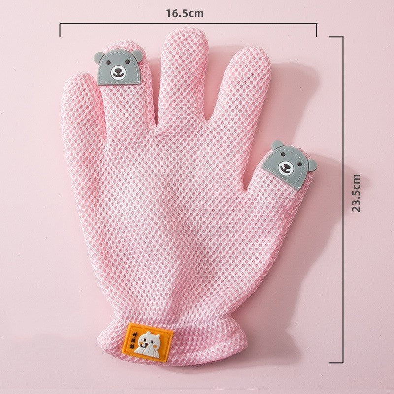 "Double-sided pet grooming gloves for dogs and cats"
"Pet grooming glove removing loose fur from dog"
"Silicone pet bath gloves with massage nodules"
"Person using pet grooming gloves on cat"
"Pet grooming gloves showing both sides"