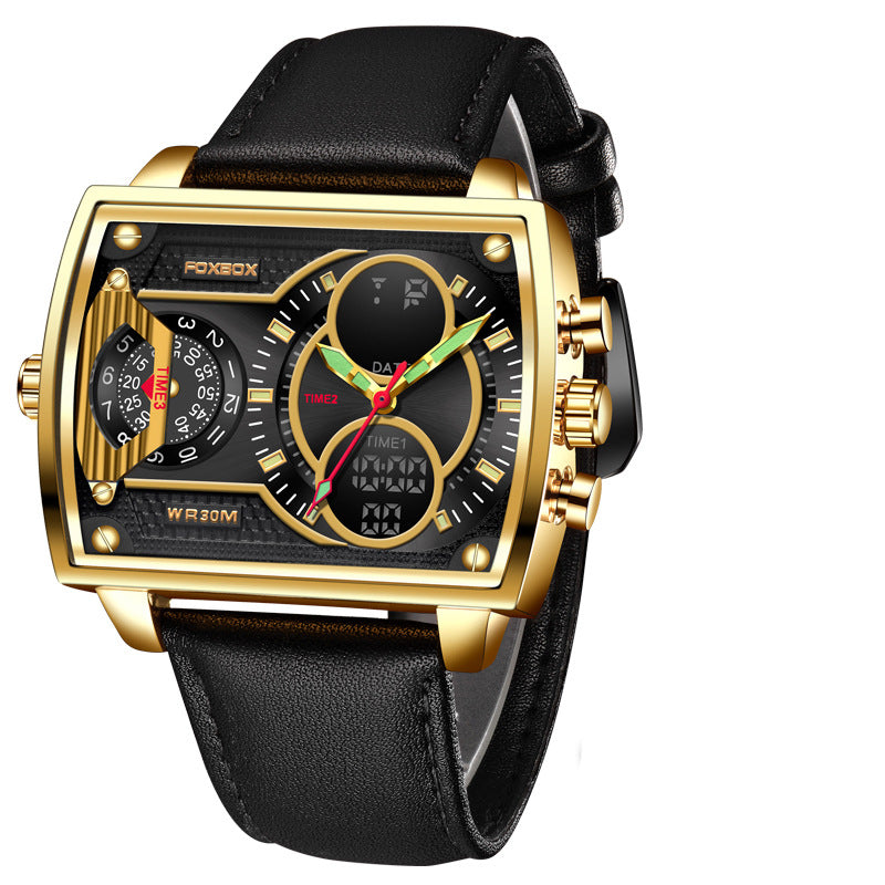 Dual Display Square Sports Watch — Luminous, Waterproof 30M, Chronograph