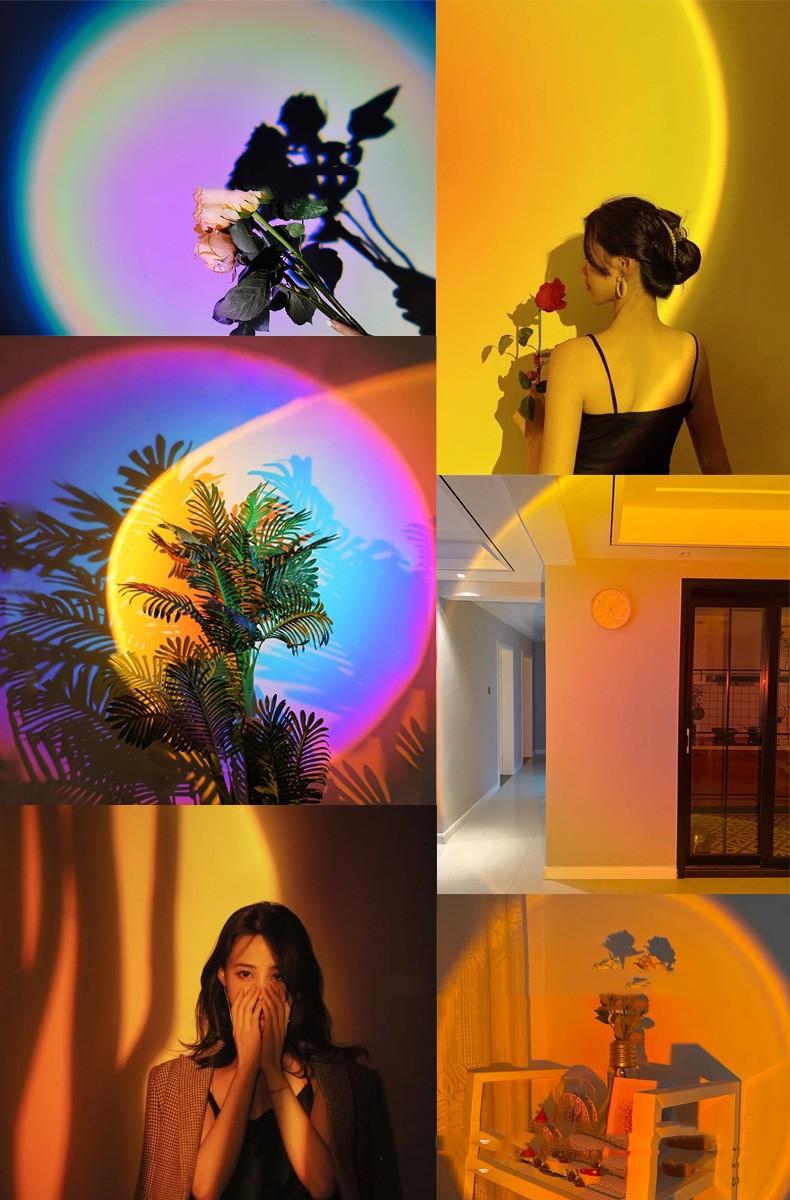 "Smart sunset projection lamp with voice control"
"Sunset light projecting rainbow colors on wall"
"Voice control smart sunset projection lamp"
"Graffiti sunset light creating ambient room lighting"
"180-degree rotatable sunset projection lamp"