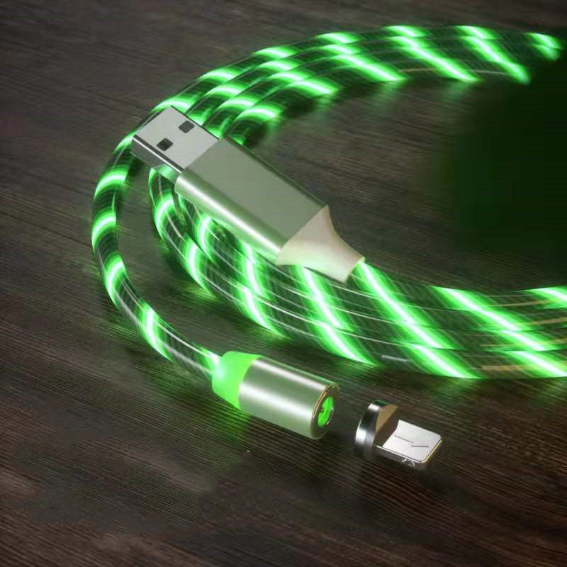 mage 1: "3-in-1 LED magnetic charging cable with flowing light streamer"
Image 2: "Magnetic charging cable with LED lights for iPhone Android USB-C"
Image 3: "Light-up charging cable showing LED streamer effect while charging"
Image 4: "Magnetic connector tips for Lightning USB-C and Micro-USB"
Image 5: "3-in-1 magnetic cable with nylon braided design and LED lights"