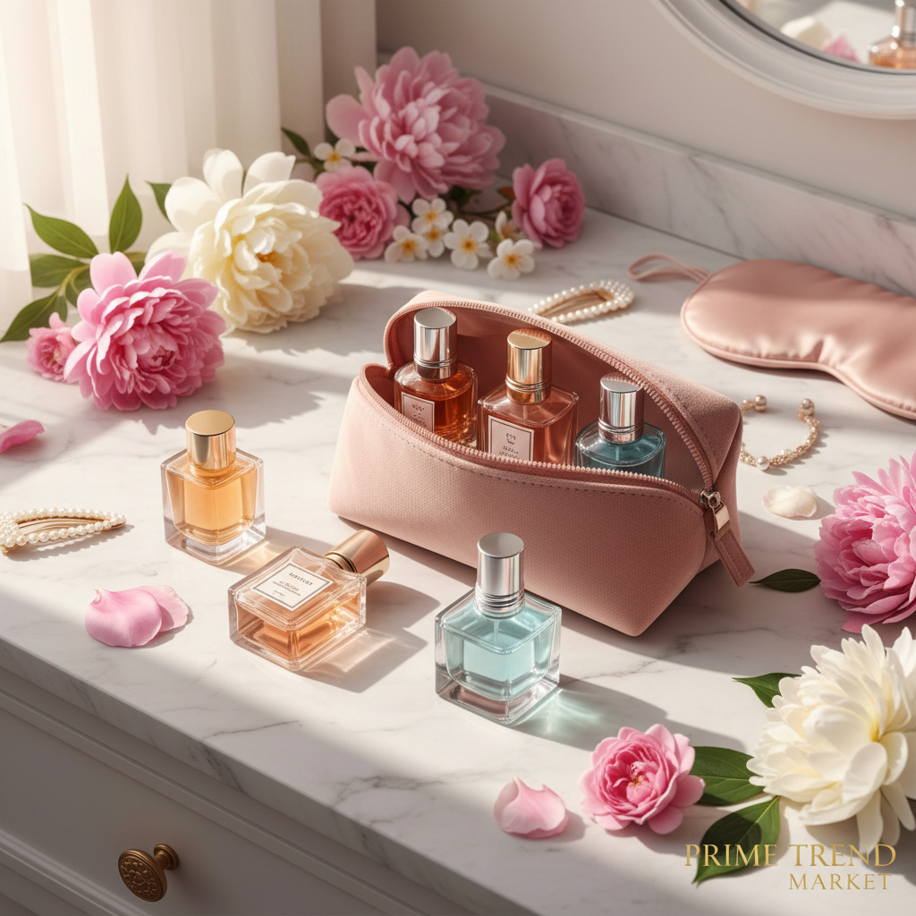 6 bottles in travel pouch on vanity