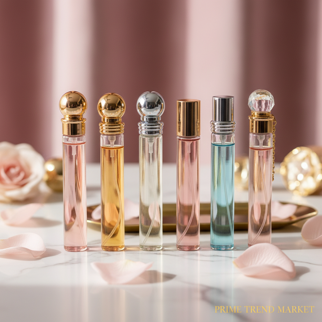 6 bottles on marble with rose petals & gold accents