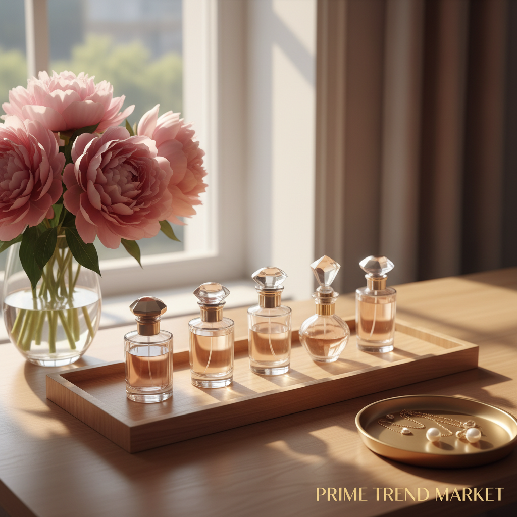 6 bottles on vanity tray with peony bouquet