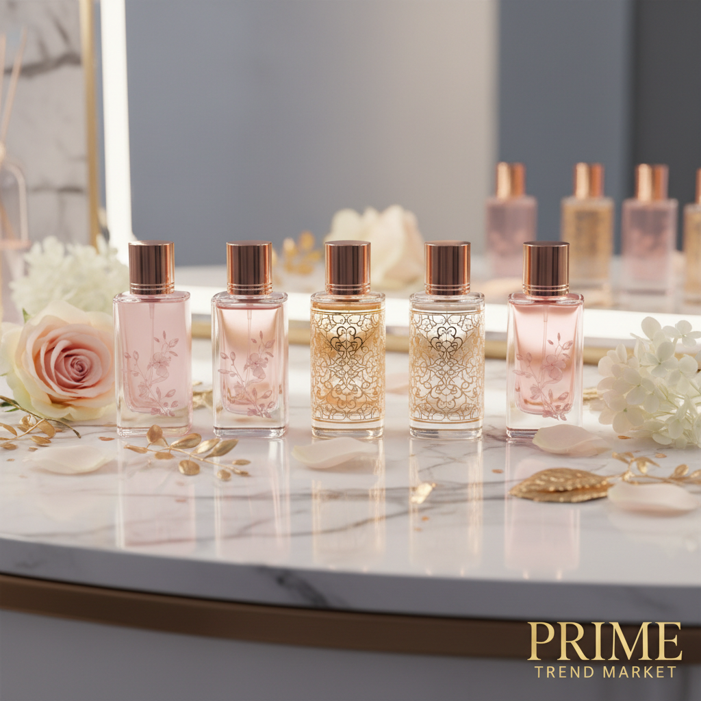 6 perfume bottles on marble with floral accents