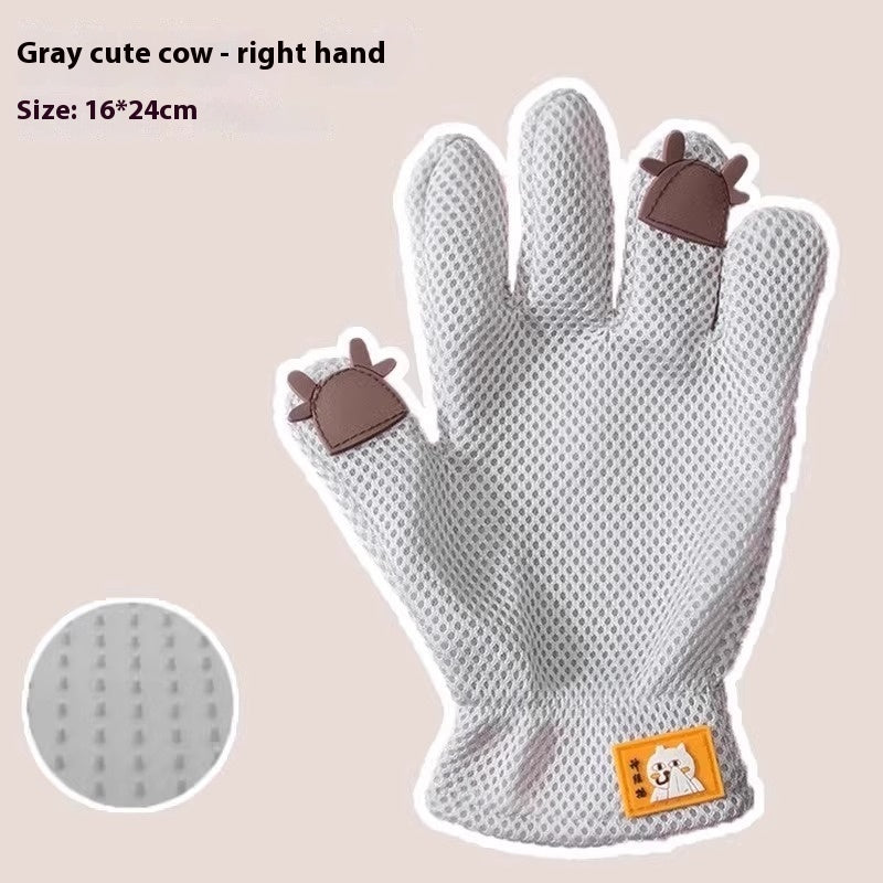 "Double-sided pet grooming gloves for dogs and cats"
"Pet grooming glove removing loose fur from dog"
"Silicone pet bath gloves with massage nodules"
"Person using pet grooming gloves on cat"
"Pet grooming gloves showing both sides"